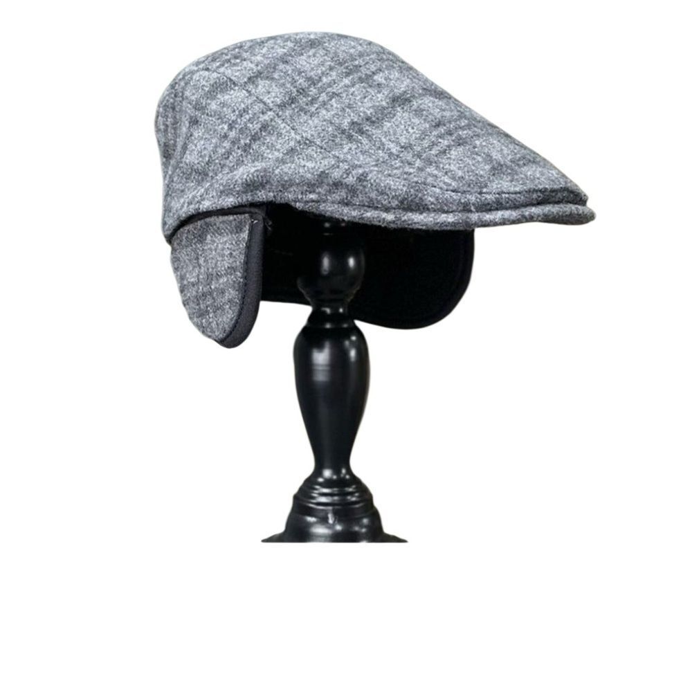 Stetson Plaid Newsboy Cap with Ear Covers Wool Blend Gray Black Small Medium